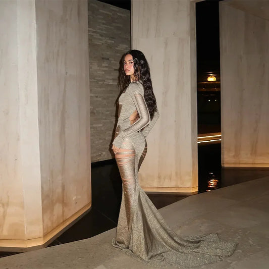 Sexy Hollow Out Evening Party Maxi Dress for Women Long Sleeve Backless Slimming High Waist Luxury Robe New Summer Y2k
