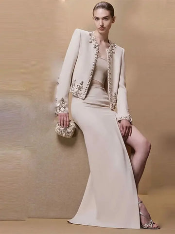 Fashion Designer Suit Set Women's Rhinestone Diamonds Beaded Cardigan Jacket Split Half Skirt Set 2pcs