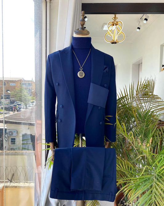 Blue Groom Suit for Wedding Slim Fit Peaked Lapel Mens Blazer Party Birthday Formal Wear 2 Pieces