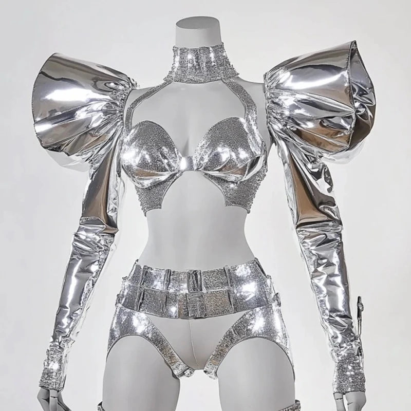 Tech Style Silver Sequins Gogo Costume Bar Nightclub Ds Dj Party Outfit Women Pole Dance Clothing Stage Festival Wear