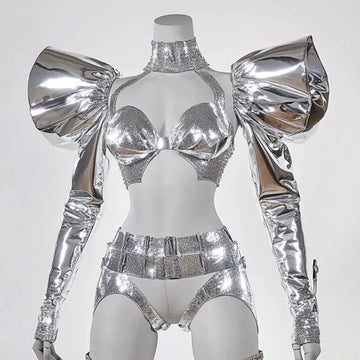 Tech Style Silver Sequins Gogo Costume Bar Nightclub Ds Dj Party Outfit Women Pole Dance Clothing Stage Festival Wear