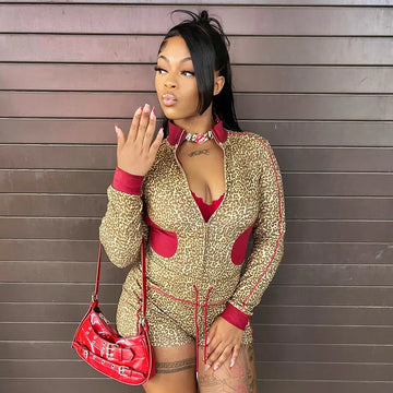 Sexy Women 2 Piece Leopard Zipper Jacket Drawstring Shorts Sets Stand Collar Jackets High Waist Mini Shorts Two Piece Outfits