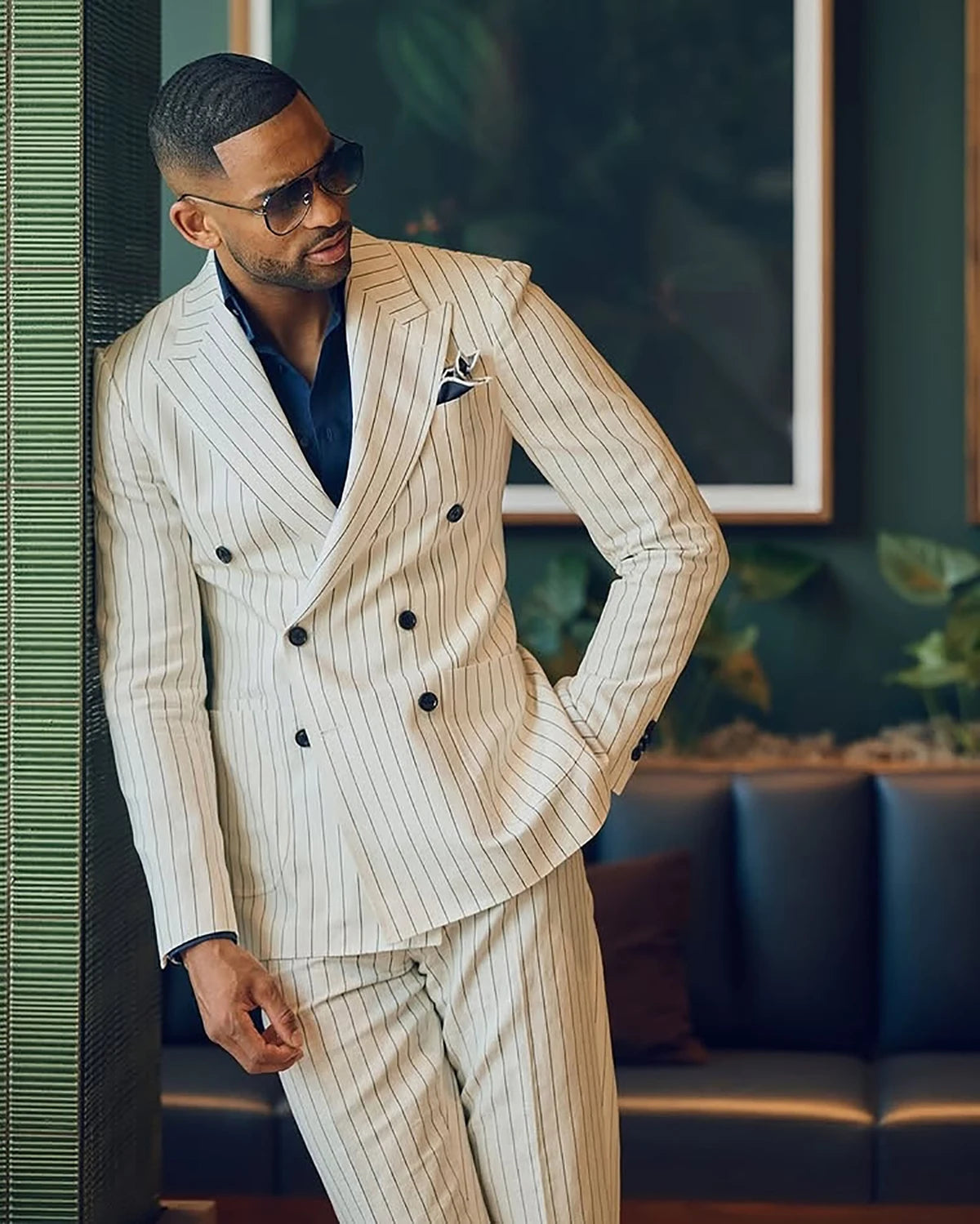 Fashion Men Suits Peaked Lapel Stripe Blazer Tailor-Made 2 Pieces Set Jacket Double Breasted Groom Customized Coat Pants