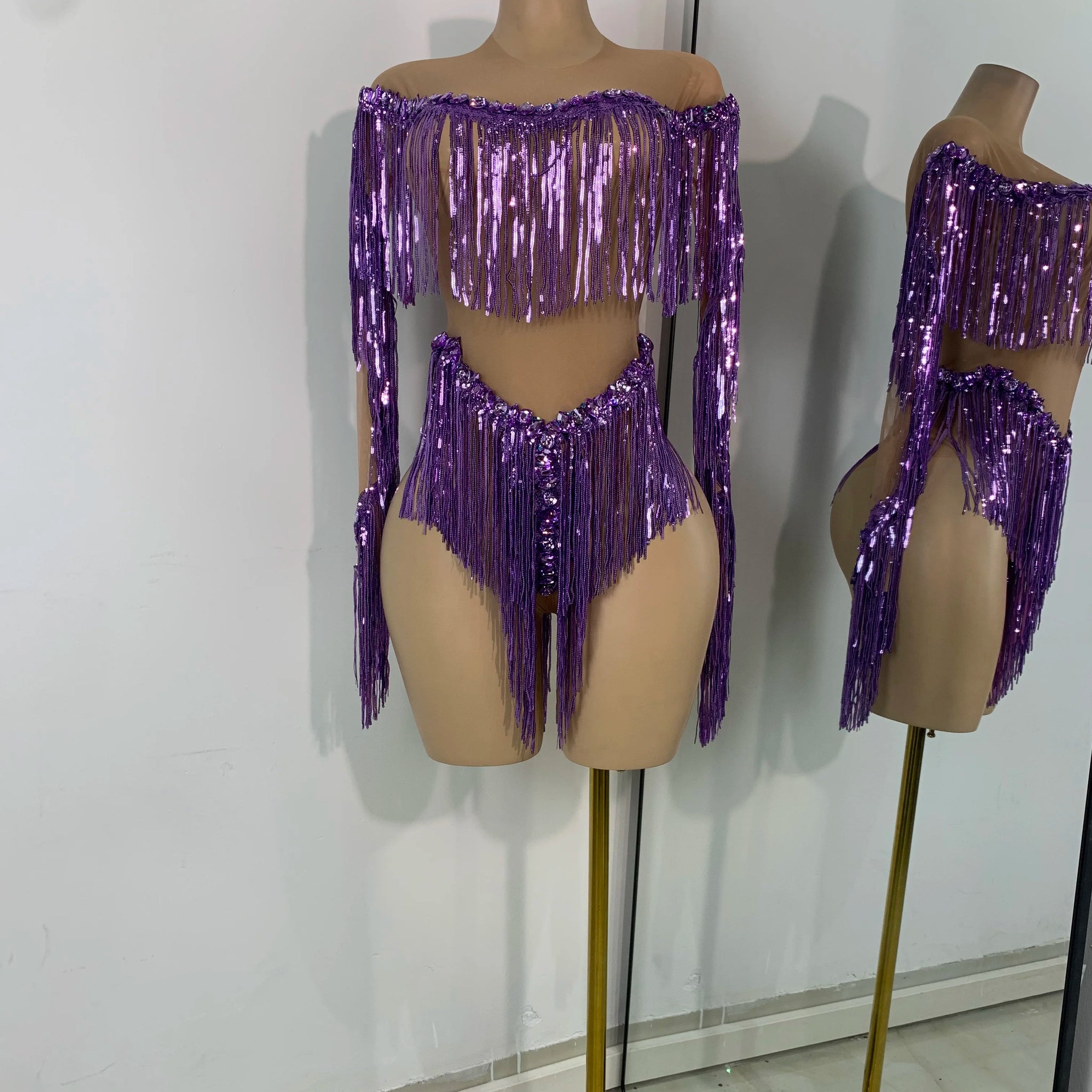 Body con borlas y lentejuelas destellantes, malla morada, transparente, elástico, para bailar, cantante, discoteca, actuación, escenario