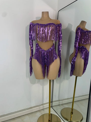 Body con borlas y lentejuelas destellantes, malla morada, transparente, elástico, para bailar, cantante, discoteca, actuación, escenario