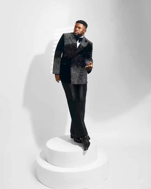 Luxury Crystals Stone Men Suit Set 2 Piece Blazer+Pants Trousers Customized Formal Office Jacket Groom Wedding Tuxedos Prom Coat