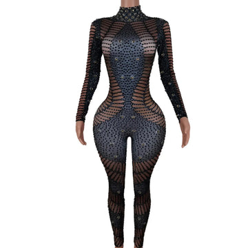 Luxury Sparkle Long Sleeve Rhinestones Pearl Jumpsuit Women Sexy Club Party Birthday Performance Drag Queen Clothing