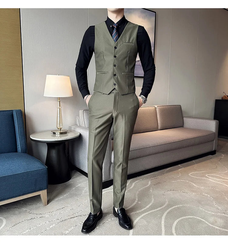 (Chaqueta + chaleco + pantalones) Traje de lujo de primavera para hombre, traje formal para novio, esmoquin de boda, traje ajustado para fiesta de trabajo, 3 piezas