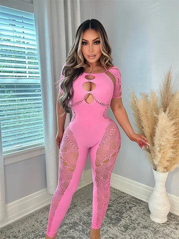 Sexy Outfits Patchwork Pink Jumpsuits Women Hollow Out Rompers Jumpsuits Short Sleeve Backless One-piece Skinny Overalls