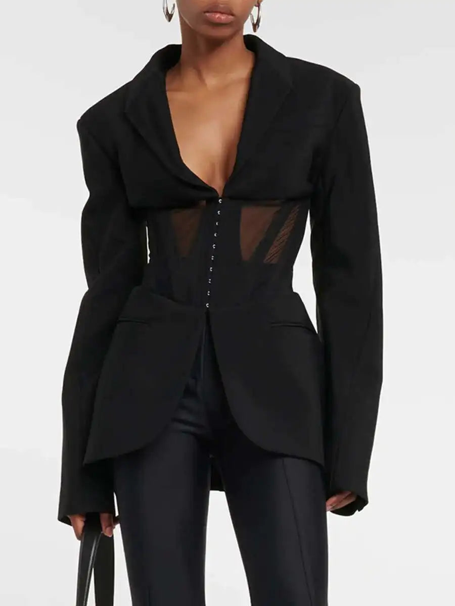 Chaqueta blazer negra de manga larga con diseño de patchwork de gasa para mujer, nueva 