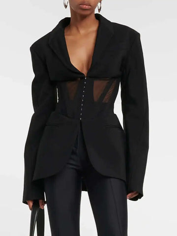 Chaqueta blazer negra de manga larga con diseño de patchwork de gasa para mujer, nueva 