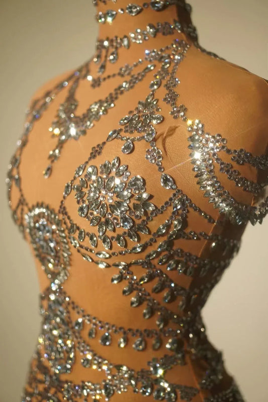 Tenue de danse sexy en maille transparente avec strass scintillants pour femme, tenue de spectacle, de chanteur, de fête, de club, de scène 