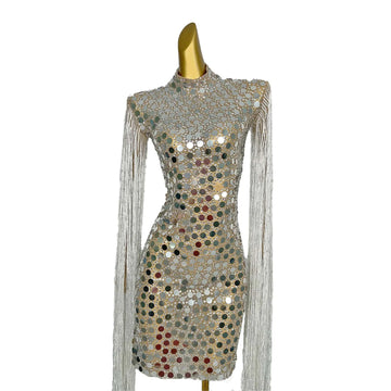 Sequins Rhinestones Tassel Short Dress Celebrate Prom Birthday Party Female Stage Costume Nightclub Dance Outfit