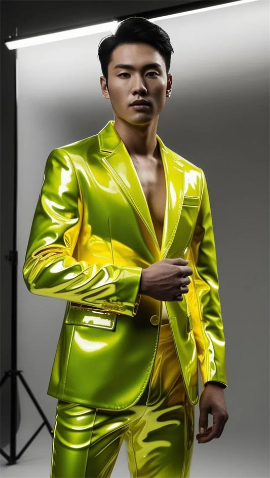 Green PU Leather Men Suit Set 2 Piece Blazer+Pants Trousers Wedding Tuxedos Male Prom Coat Customized Formal Office Jacket