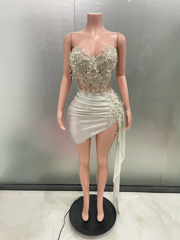 Sexy White Strapless Pearl 2 Pieces Short Dress for Women Party Birthday Nightclub Singer Dancer Stage Wear