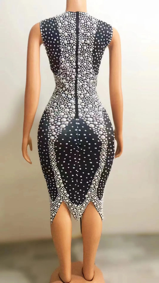 Women Sexy Stage White Pearls Spandex Dress Evening Birthday Celebrate Party Sleeveless Costume Dance Club Photo Shoot Dress