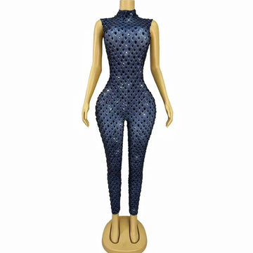 Sexy Stage Shining Black Rhinestones Jumpsuit Birthday Party Celebrate Fashion Show Oufit Singer Dancer Performance Costume