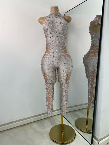 Combinaison moulante sans manches en élasthanne pour femme, tenue sexy avec strass, idéale pour une soirée, un anniversaire ou une séance photo.