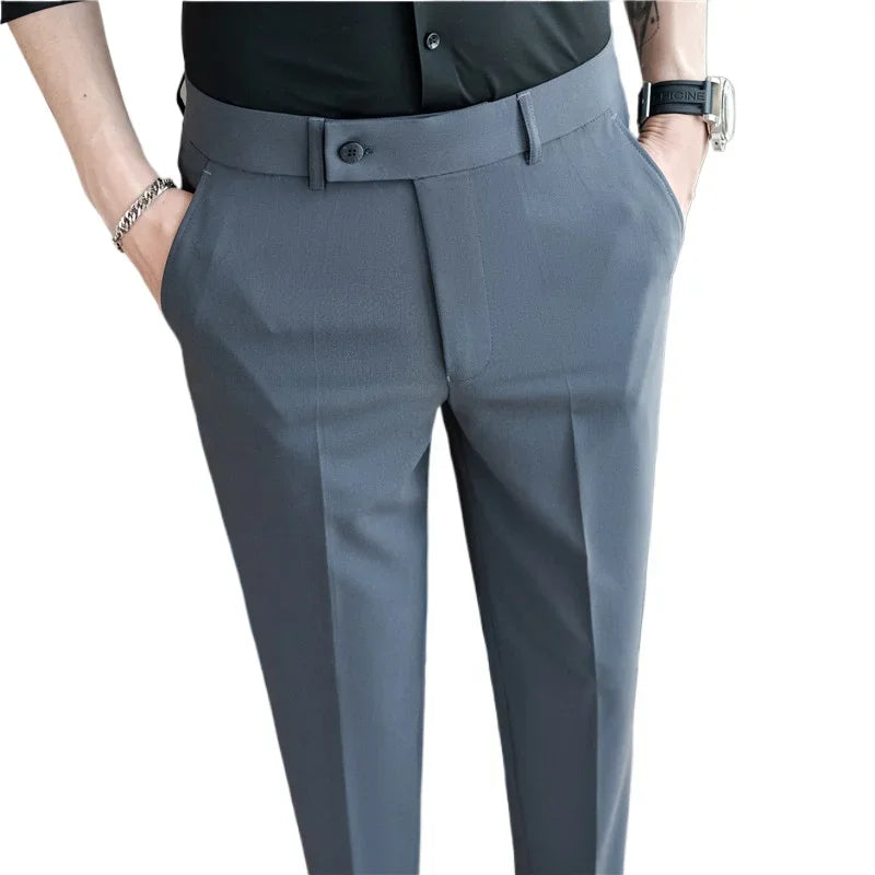 Thin White Elastic Nine Cent Suit Pants for Men,gray Blue Four-side Elastic Comfortable Drape Men's Casual Trousers