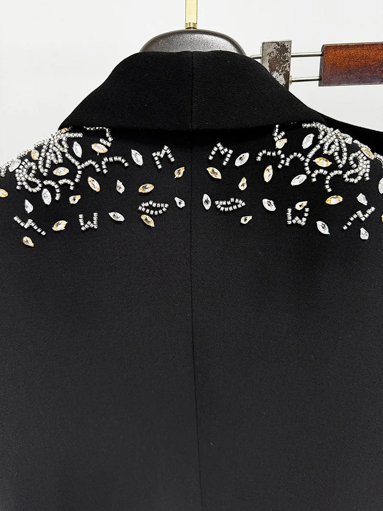 Designer Suit Women Beaded Diamonds  Shawl Collar Double Breasted Blazer Pants Set 2PC