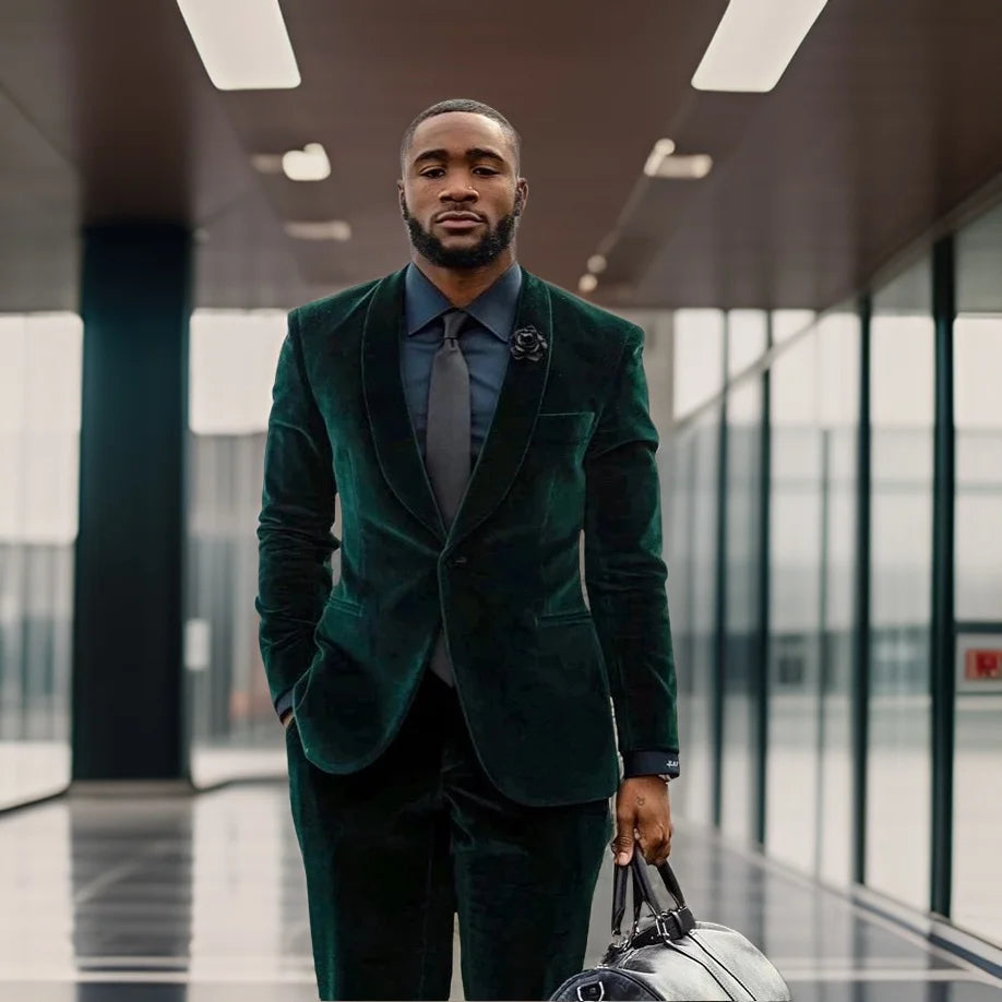 Costume formel en velours pour homme, smoking de marié à un bouton, coupe slim, blazer de bal avec pantalon, 2 pièces