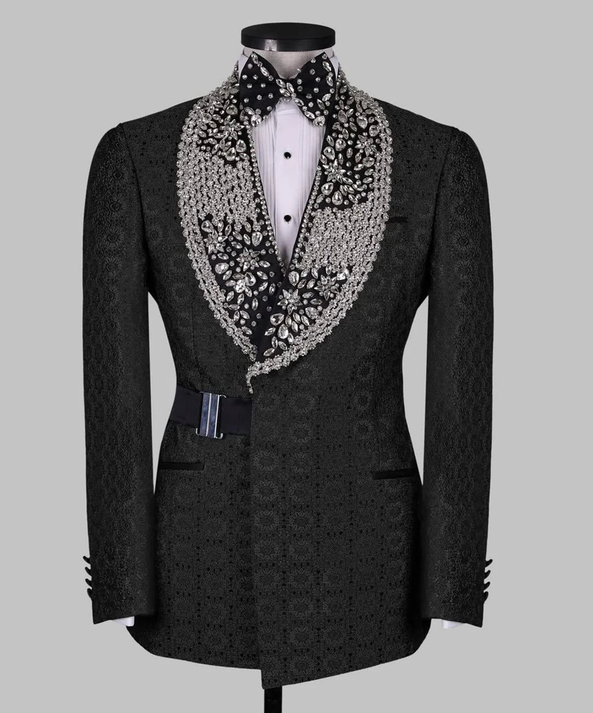 Luxurious Crystal Men Suits for Wedding Shawl Collar Belt Tuxedos Groom Party 2 Pcs Blazer Pants Customized Suit