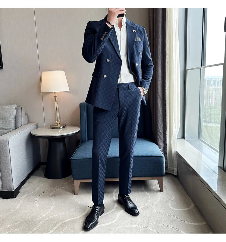 Elegant Double-Breasted Navy Checker Suit for Men – Custom Tailored Business & Wedding Attire, Stylish Formalwear Set