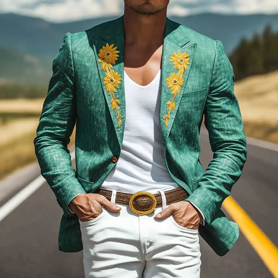 Tailored Mens Jacket Gold Flowers Cowboy Slim Fit One Button Tuxedos Male Pants Sets Customized One Piece