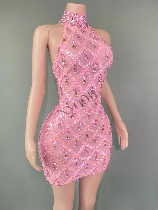 Sparkly Pink Rhinestones Short Dress for Women Sexy Sleeveless Mesh Transparent Evening Prom Birthday Dress Singer Stage Wear