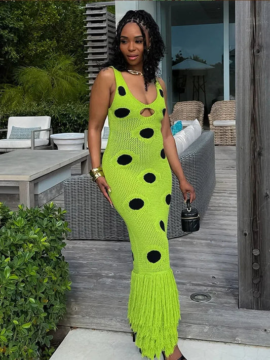 Dot Contrast Green Knitted Long Dress Chic Women's O Neck Sleeveless Tassles Hem Robes New Elegant High Street Wear