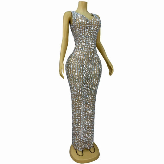 Shining Rhinestones Sexy Mesh Prom Dress Birthday Celebrate Luxury Evening Outfit Red Carpet Stage Costume
