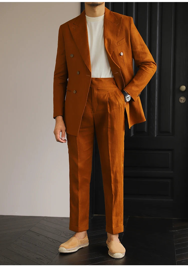 Costume homme élégant en lin croisé, coupe slim, look rétro, disponible en quatre couleurs élégantes