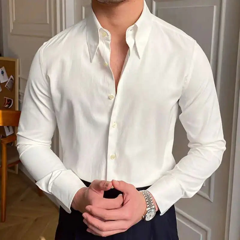Leisure British Business Shirt Design British Men Cuba Collar Slim Solid White Shirt Camisa Social Masculina Men Shirt