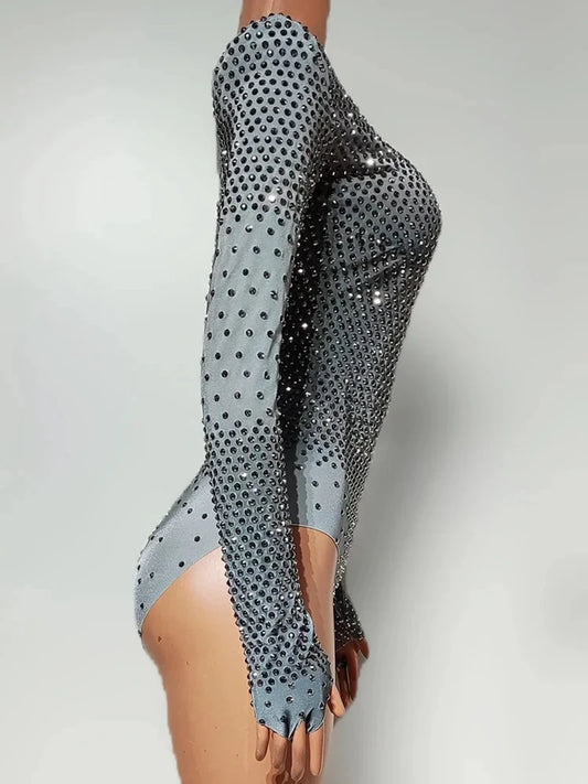 Sparkly Silver Rhinestones Long Sleeve Bodysuit for Women Sexy Performance Dance Costume Dancer Show Stage Wear Nightclub Outfit