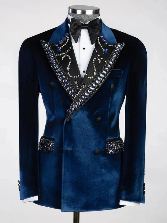 Luxury Prom Blazer Beaded Double Breasted Velvet Smoking Beaded Wedding Suit Jacket for Men 1 Piece Prom Party Male Jacket