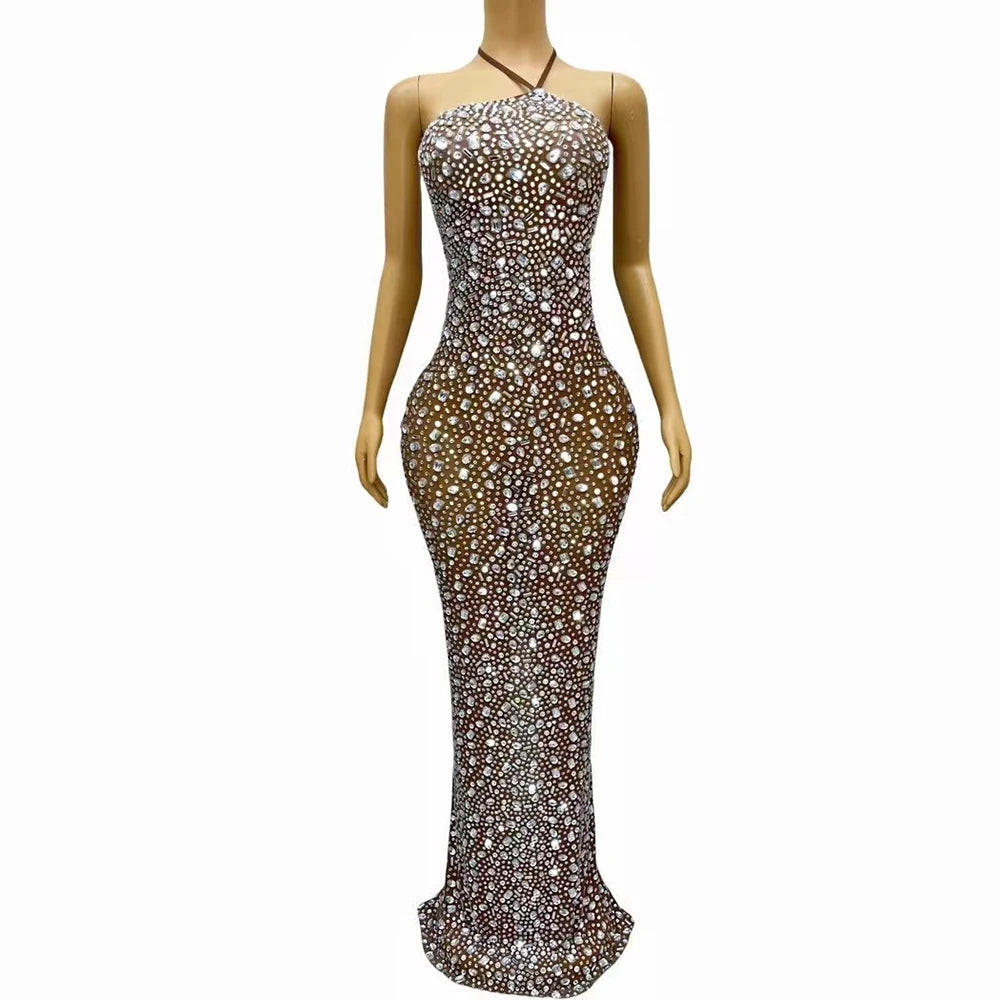 Sexy Stage Luxury Evening Blingnling Silver Rhinestones Bandage Backless Dress Women Birthday Party Perform Photoshoot Costume