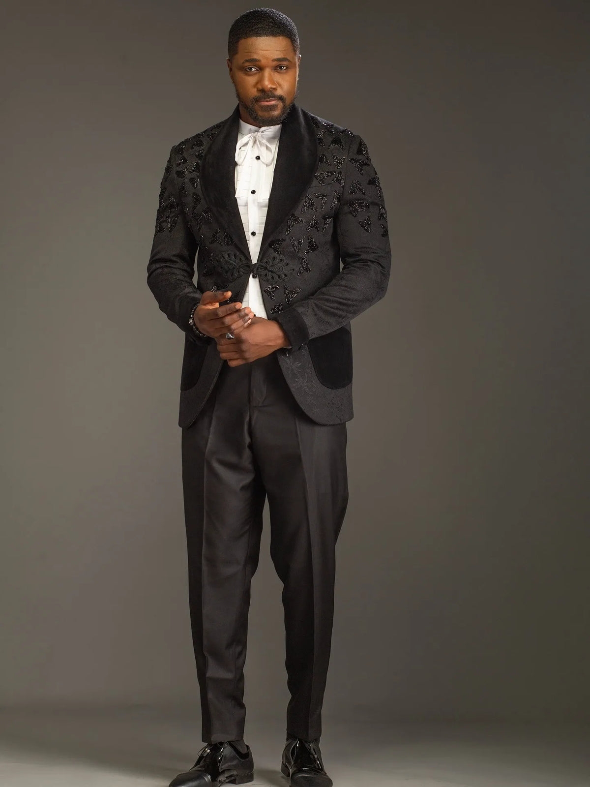 Handsome Men's Suits Jacquard2 Pieces Set Tailor-Made Jacket Beading Blazer Shawl Lapel One Button Groom Customized Coat Pants