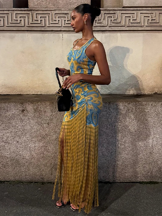 Sexy Printed Tassels Slim Maxi Dress Women Vintage Sleeveless Pleated High Waist Dresses Female Summer Chic Evening Party