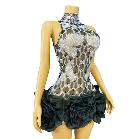 Elegantes guantes de falda corta con perlas y diamantes de imitación para mujer, de malla sexy transparente, para fiesta de noche, celebración de cumpleaños, vestido para sesión de fotos 