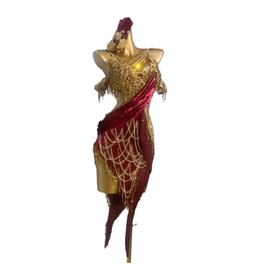 Latin Dance Stage Women's High-end Custom Gold Bra, Gold Chain Skirt, Samba Art Performance Rhinestone Clothing Dress