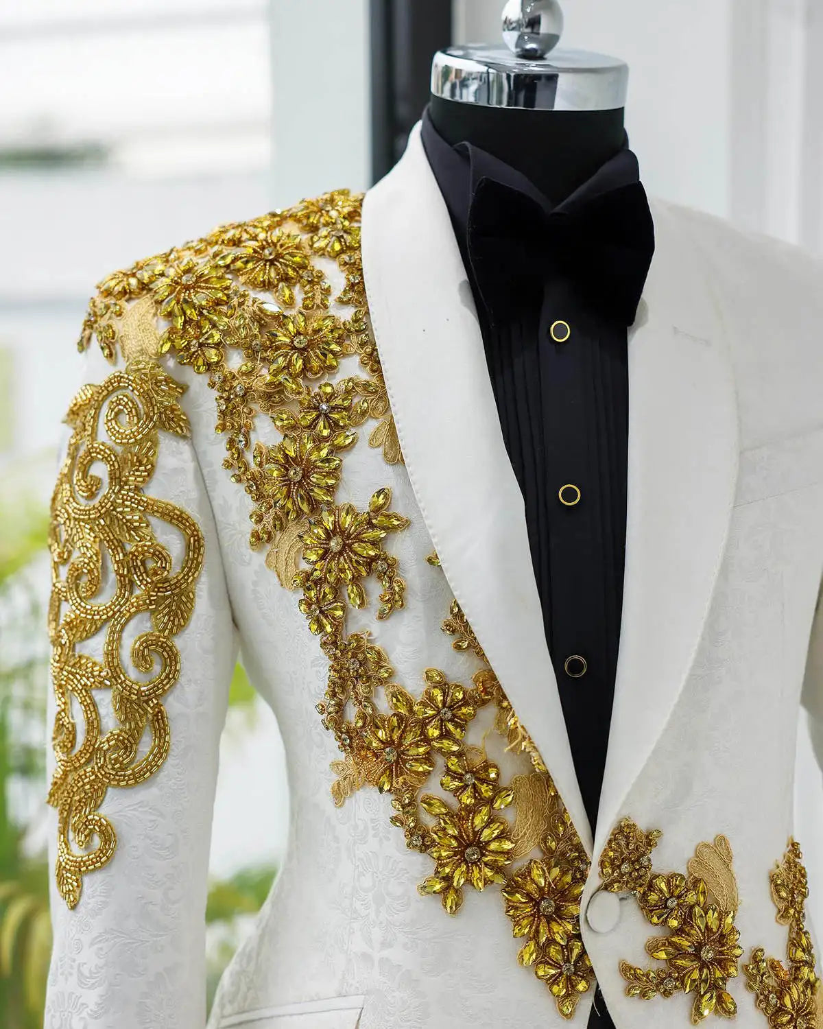 Men's Wedding Tuxedo with Gold Crystal Appliqués and Shawl Lapel, Custom Made Groom Suit