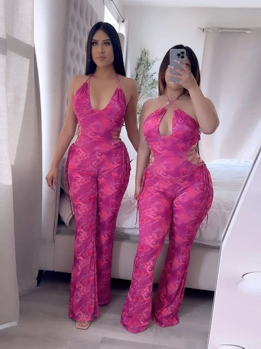 Halter Panelled Women Jumpsuits Summer New Trend Backless Bandage Low Neck Slim Overalls Female Fashion Sexy Streetwear