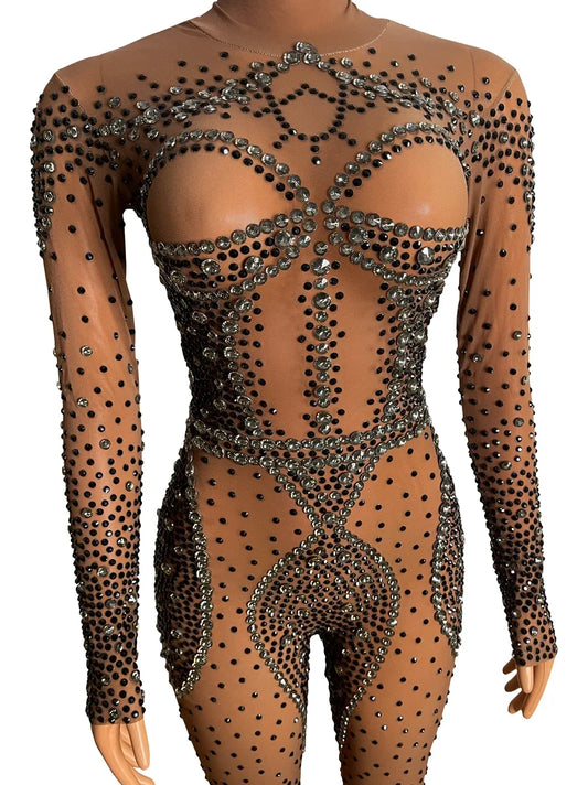 Combinaison transparente à manches longues et strass scintillants, tenue de soirée moulante et sexy pour anniversaire, spectacle de danse, barboteuse 