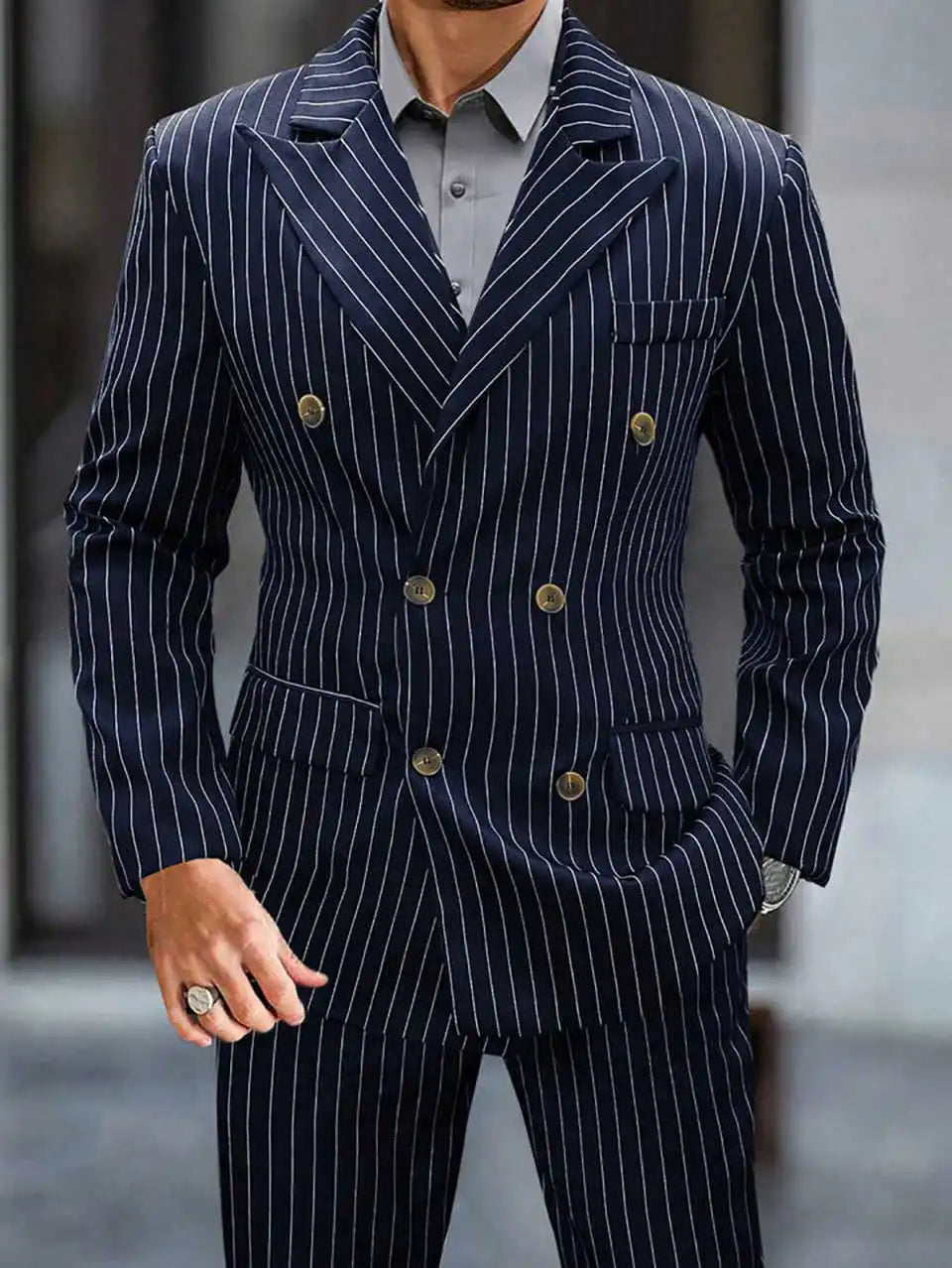 Handsome Wedding Tuxedos 2 Pcs Jacket Pants Long Sleeve Men Suit Gentleman Pinstripe Double Breasted Evening Party Customized