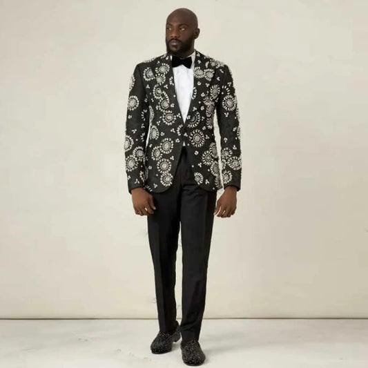 Customized Diamond Metal Embellished Men Suits Peaked Lapel Groom Tuxedos Wedding Prom Blazers Hombre Pants Outfit Ropa Hombre