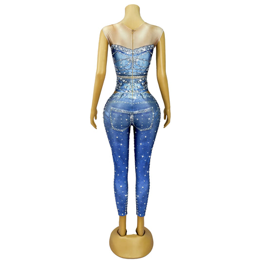 Body en jean à motif spécial avec strass scintillants pour femme, tenue de soirée, de danse, de spectacle, de chanteur ou de danseuse 
