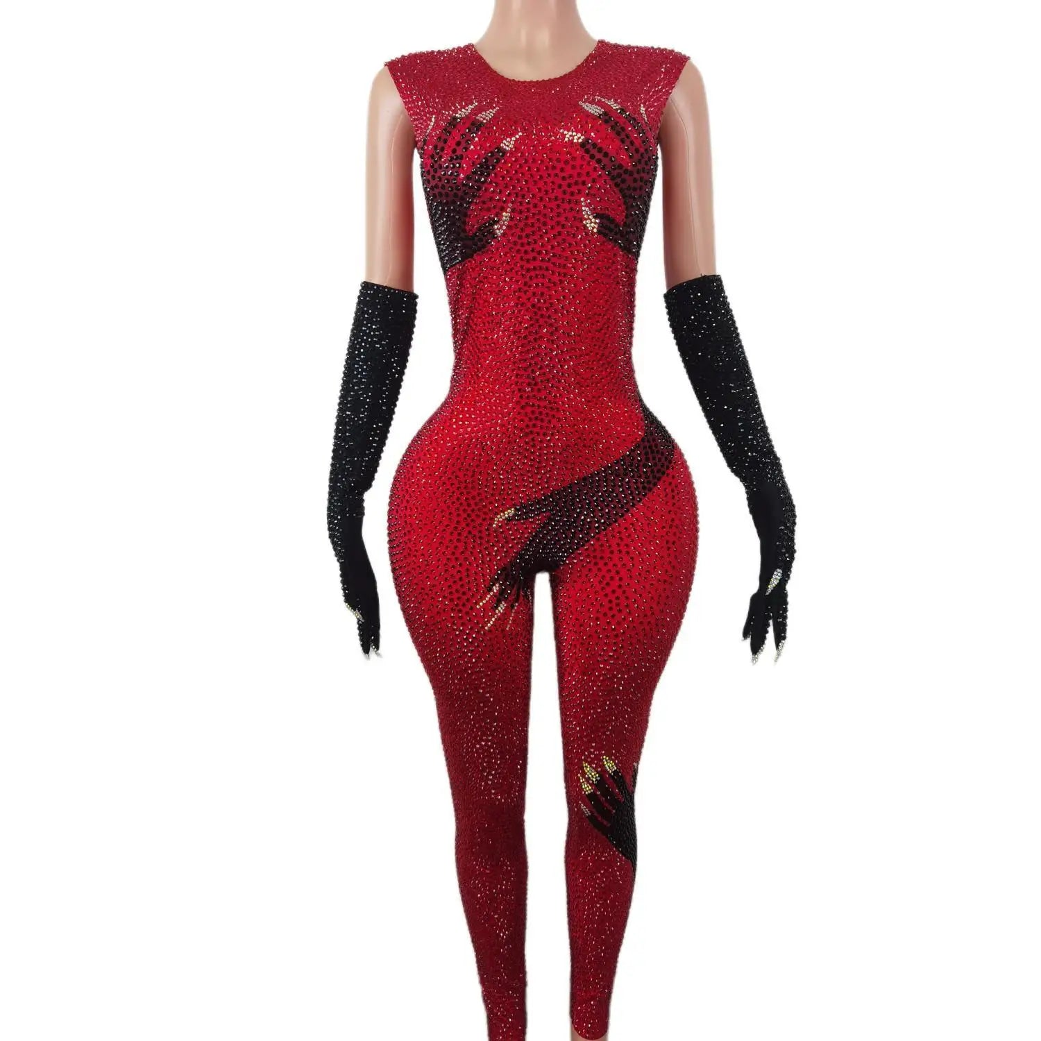Sparkly Red Rhinestone Jumpsuit Black Hand Gloves Women Celebrate Tights Performance Costume Singer Show Stage Wear