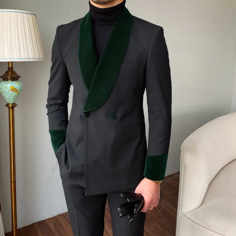 Traje formal de cuello chal de terciopelo, traje de dos piezas para fiesta de boda, traje de banquete para novio, traje ajustado para hombre, boda