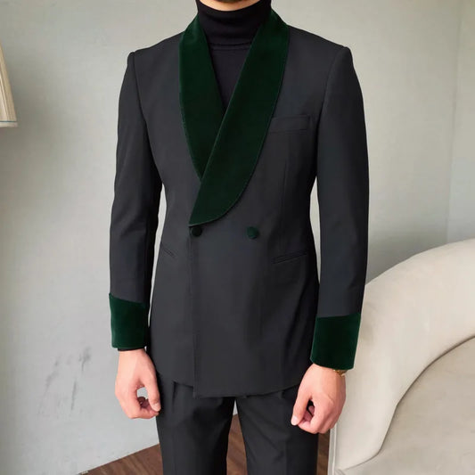 Shawl Collar Formal Dress Velvet Splicing Suit Two Piece Wedding Party Suit Groom Banquet Suit Slim Costume Homme Mariage