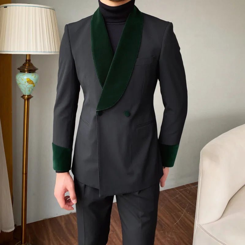 Traje formal de cuello chal de terciopelo, traje de dos piezas para fiesta de boda, traje de banquete para novio, traje ajustado para hombre, boda